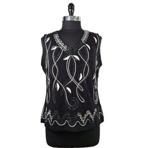 Once Again XL Fancy Sleeveless Tank Top Black W Metallic Embroidery Geo Print